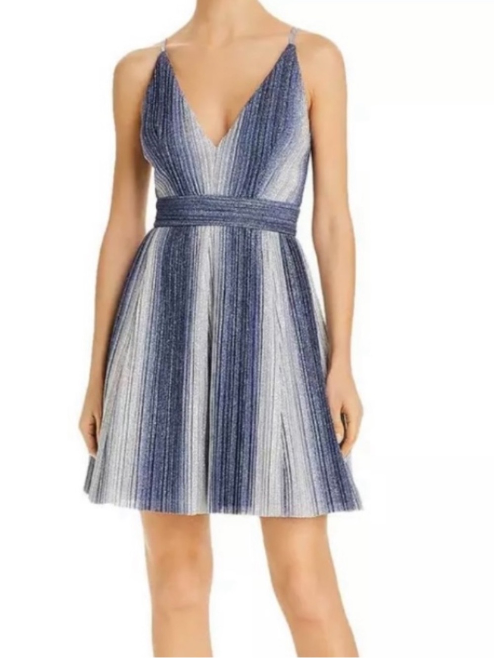 NWT AQUA Blue/silver Gradient Ombré Metallic Pleated V-Neck Cocktail Mini Dress